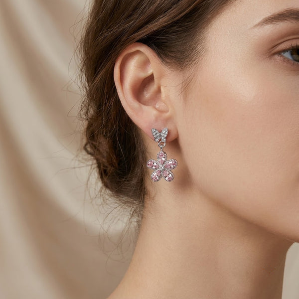 Papillon Butterfly & Crystal Flower Drop Earrings | 18K Gold Plated | Anti-Tarnish Demi-Fine Sweat-Proof - ANUSI Demi-Fine Jewelry Shot 2