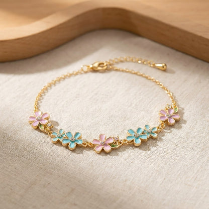 Pastel Enamel Sakura Blossom Floral Station Bracelet - View 5 | ANUSI 18K Gold Jewelry