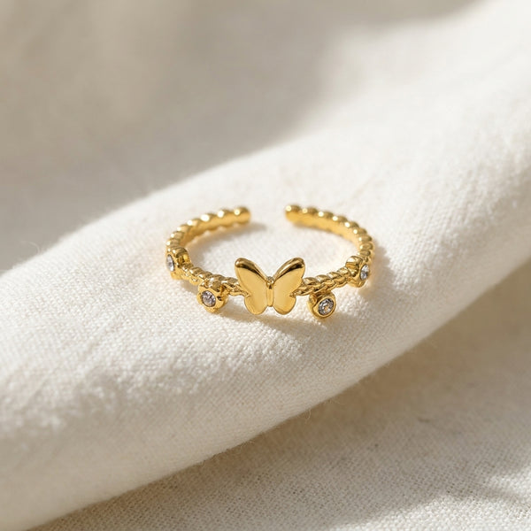 Butterfly Ring Adjustable Ring| 18K Gold Plated | Anti-Tarnish Demi-Fine Sweat-Proof - Anusi