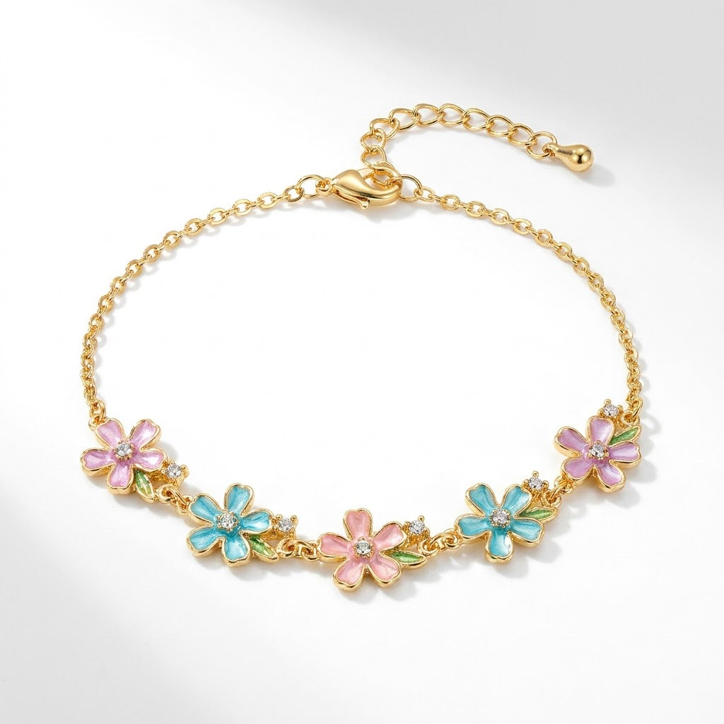Pastel Enamel Sakura Blossom Floral Station Bracelet - View 1 | ANUSI 18K Gold Jewelry