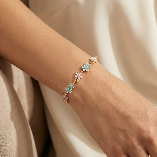 Pastel Enamel Sakura Blossom Floral Station Bracelet - View 2 | ANUSI 18K Gold Jewelry