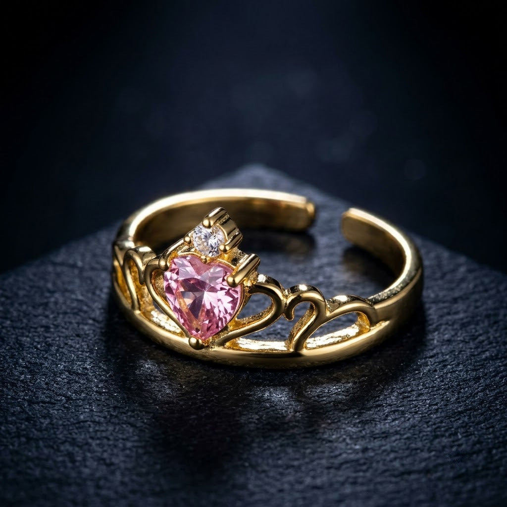 Princess Tiara Crown Pink Sapphire Heart Adjustable Ring - View 6