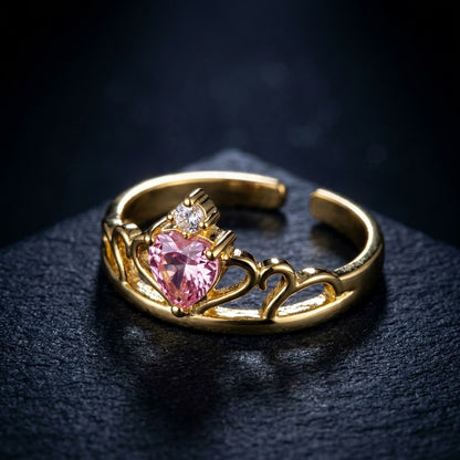 Princess Tiara Crown Pink Sapphire Heart Adjustable Ring - View 6