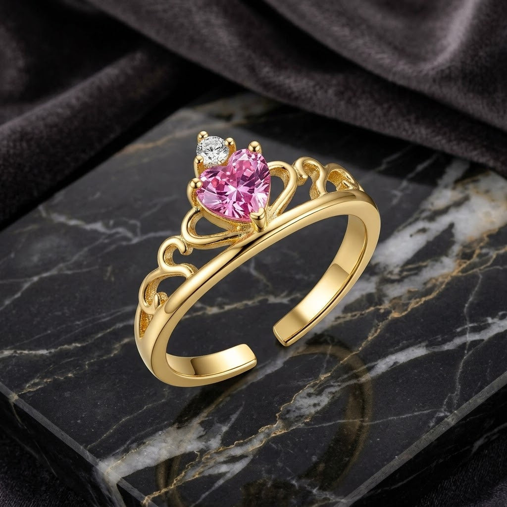 Princess Tiara Crown Pink Sapphire Heart Adjustable Ring - View 1