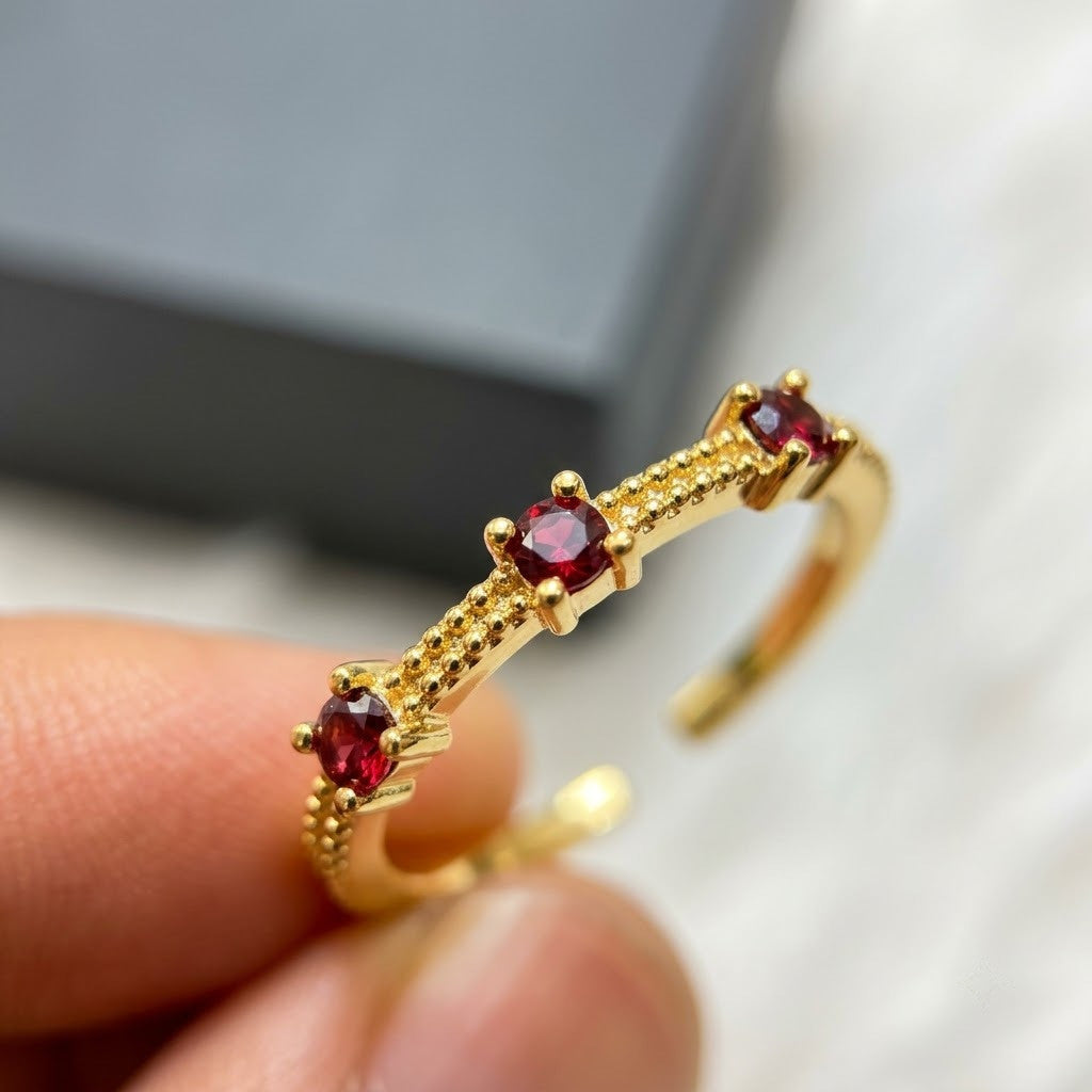 Crimson Ruby Bezel Station Beaded Crown Adjustable Ring - View 4