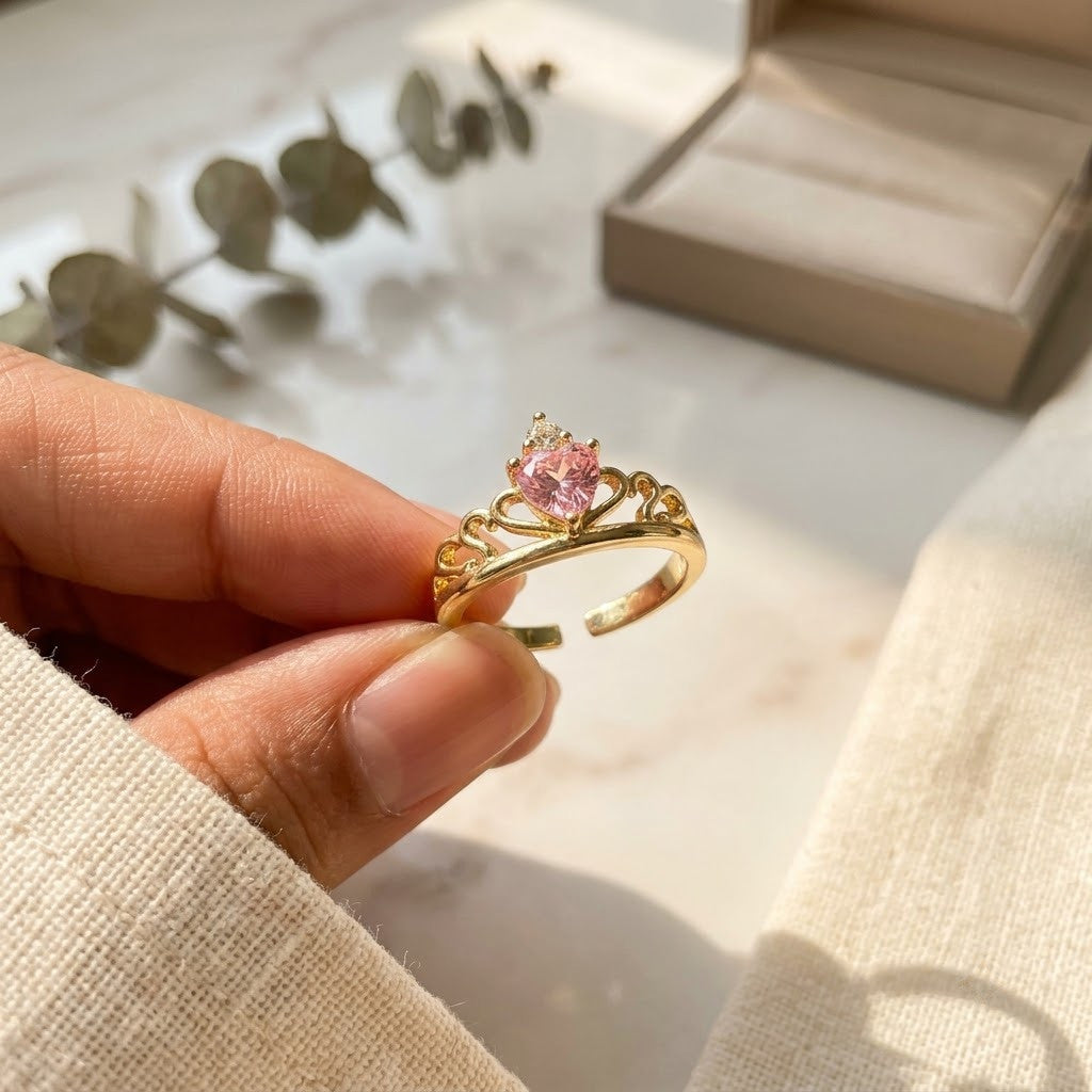 Princess Tiara Crown Pink Sapphire Heart Adjustable Ring - View 3