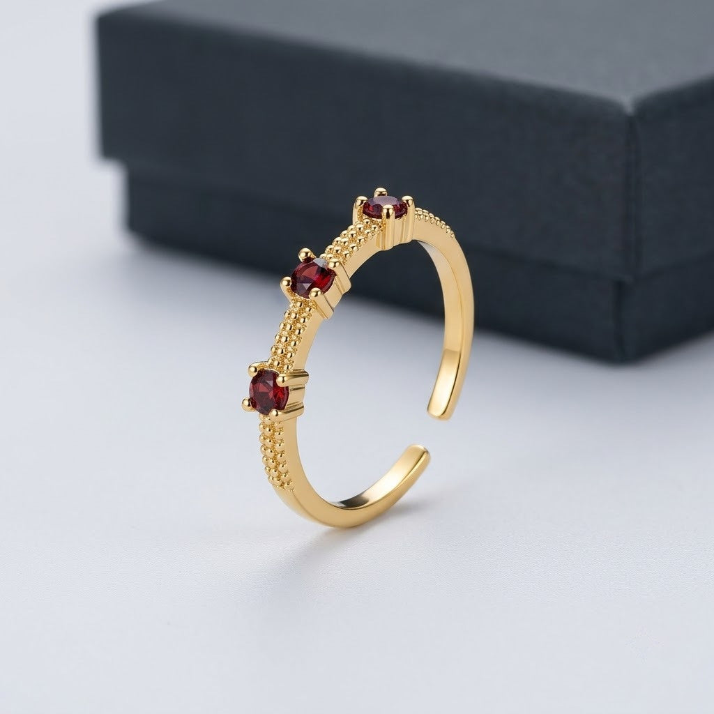 Crimson Ruby Bezel Station Beaded Crown Adjustable Ring - View 7