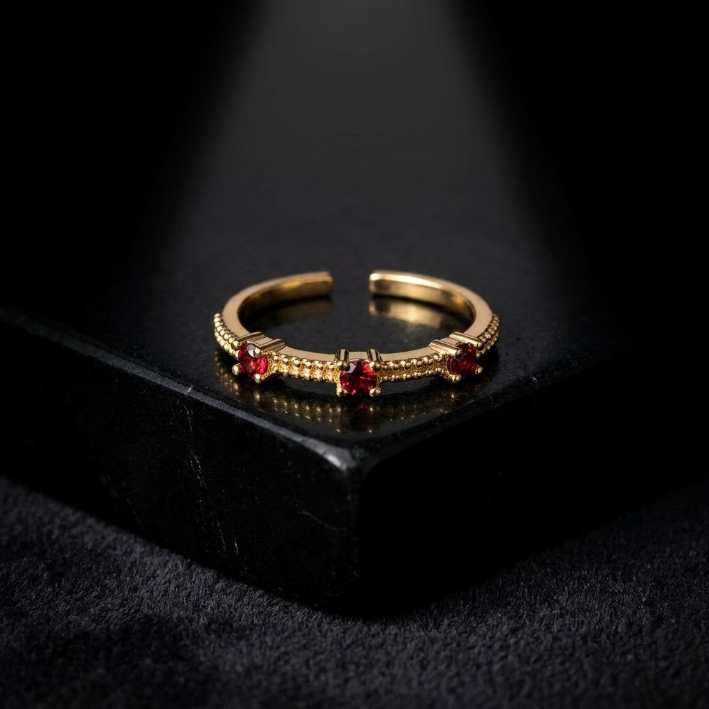 Crimson Ruby Bezel Station Beaded Crown Adjustable Ring - View 6