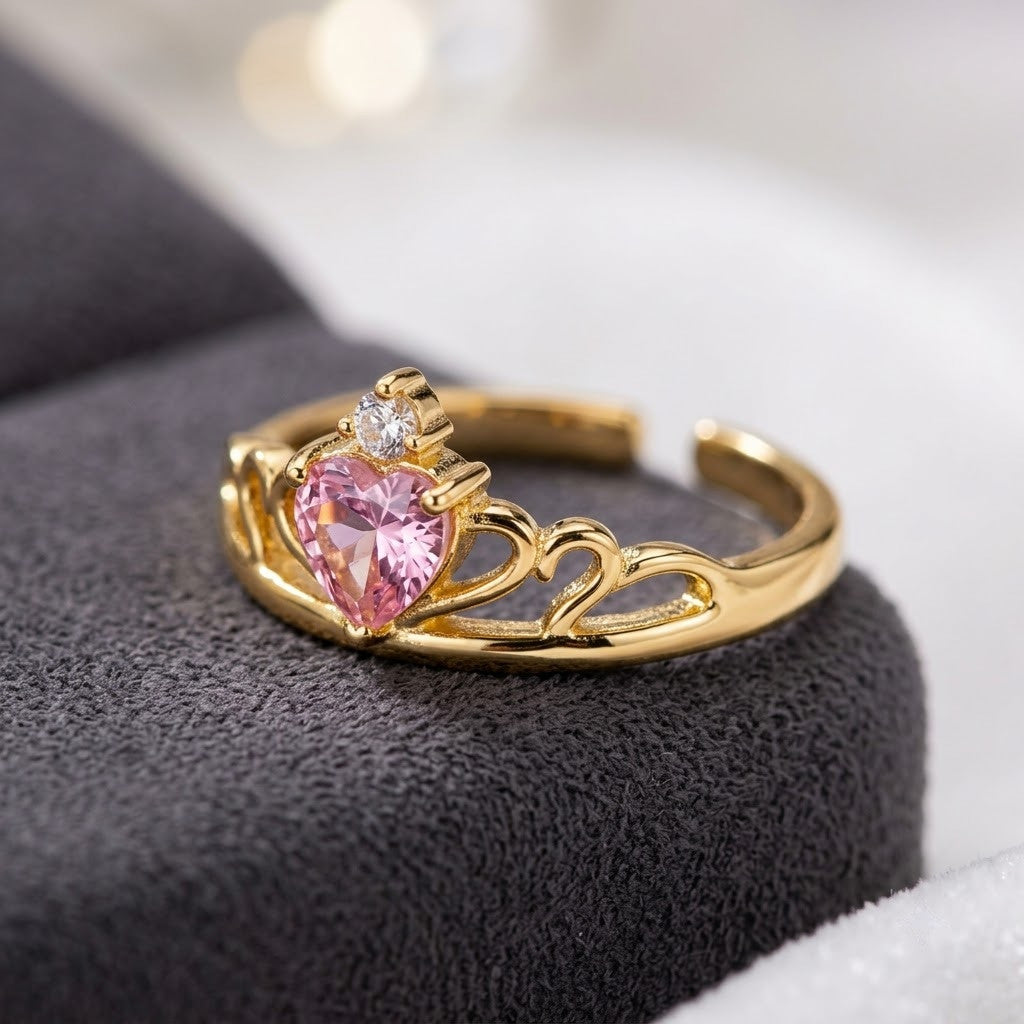 Princess Tiara Crown Pink Sapphire Heart Adjustable Ring - View 4