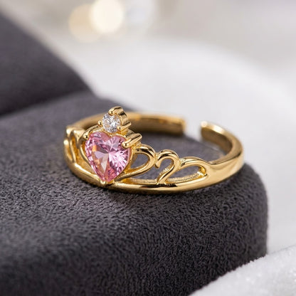 Princess Tiara Crown Pink Sapphire Heart Adjustable Ring - View 4