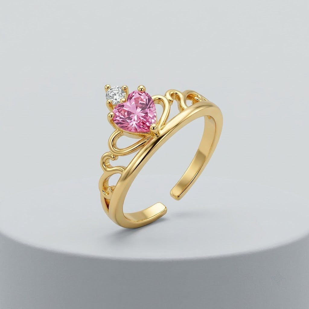 Princess Tiara Crown Pink Sapphire Heart Adjustable Ring - View 7