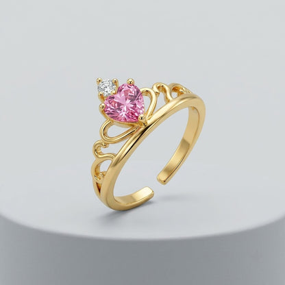Princess Tiara Crown Pink Sapphire Heart Adjustable Ring - View 7