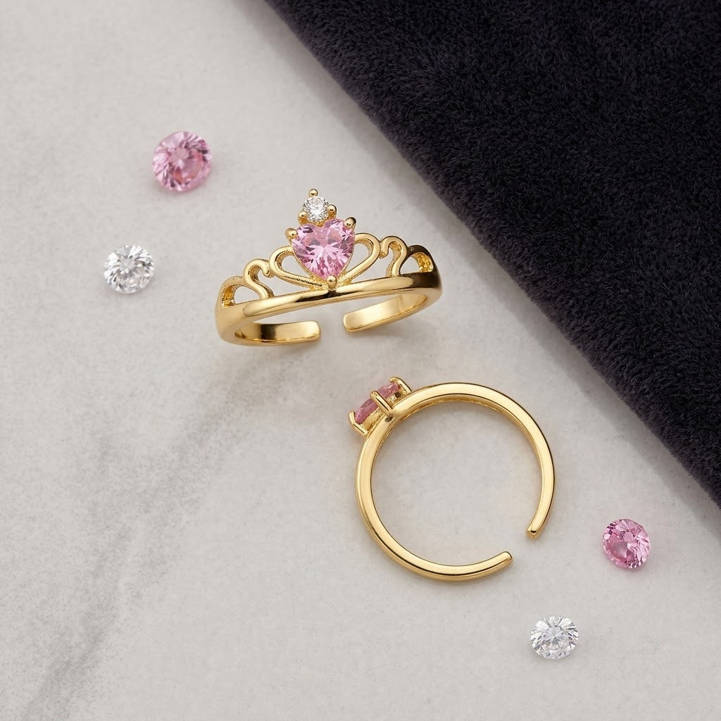 Princess Tiara Crown Pink Sapphire Heart Adjustable Ring - View 8