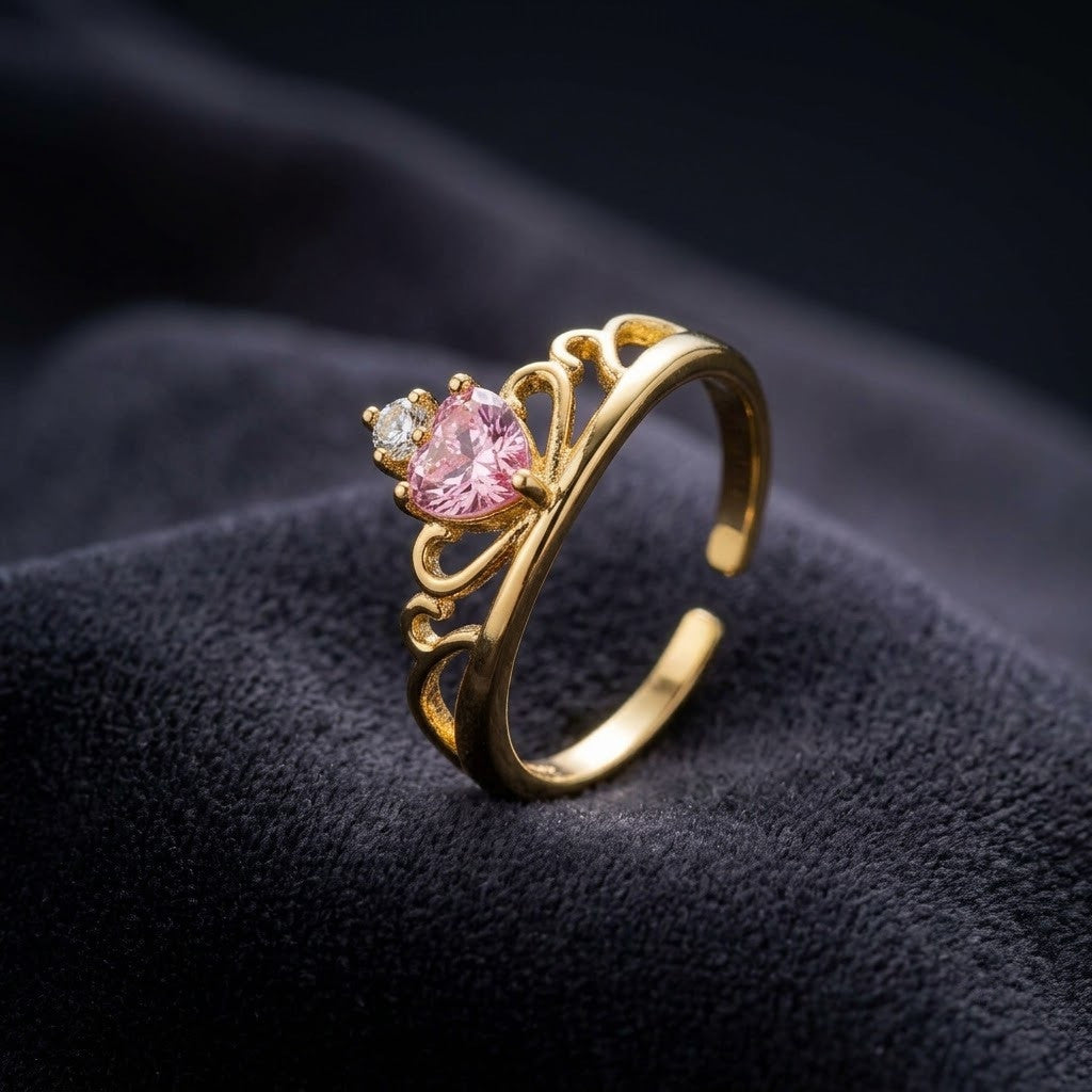 Princess Tiara Crown Pink Sapphire Heart Adjustable Ring - View 2