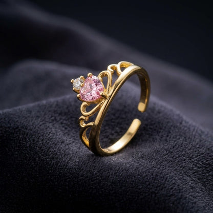 Princess Tiara Crown Pink Sapphire Heart Adjustable Ring - View 2