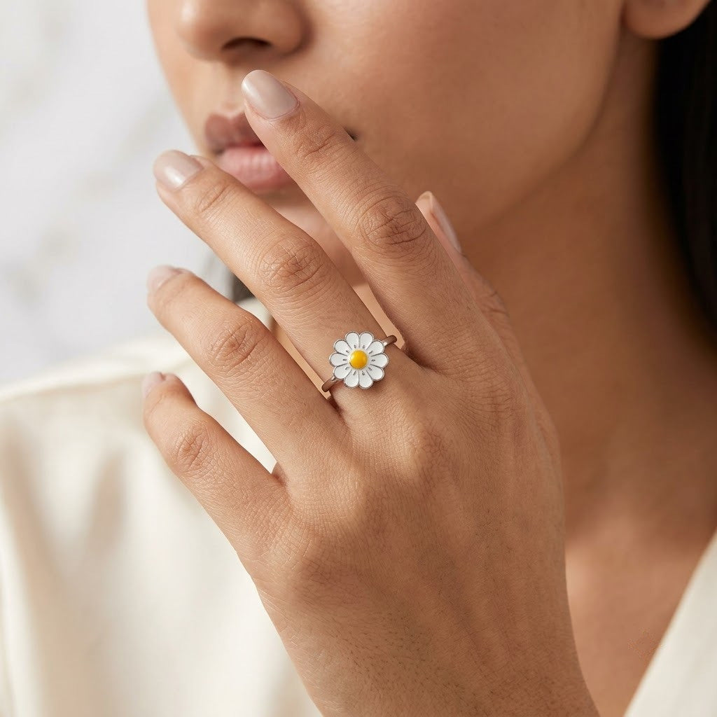 Silver Daisy Blossom White Enamel Floral Adjustable Ring - View 5
