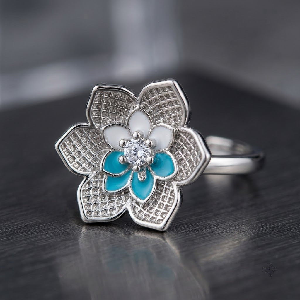 Silver Turquoise & Mother of Pearl Blossom Statement Adjustable Ring - View 4
