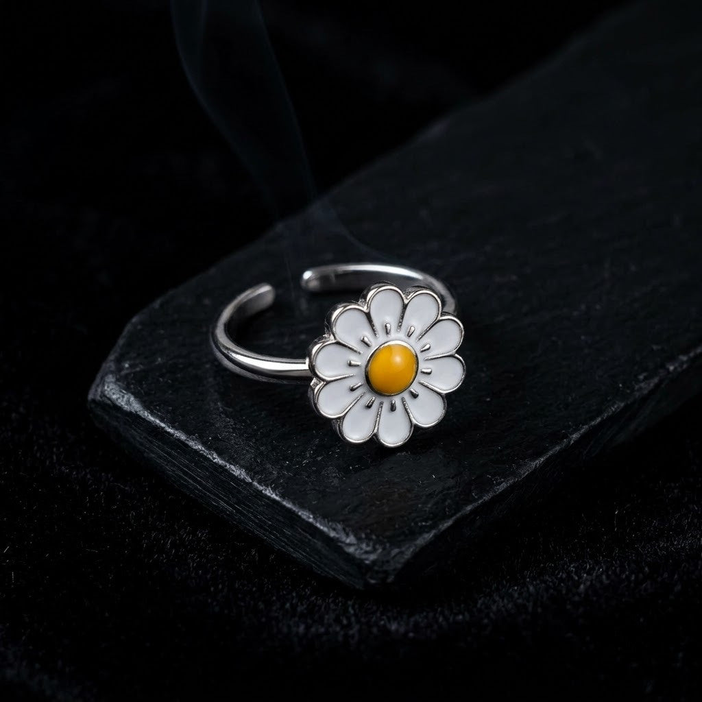 Silver Daisy Blossom White Enamel Floral Adjustable Ring - View 6