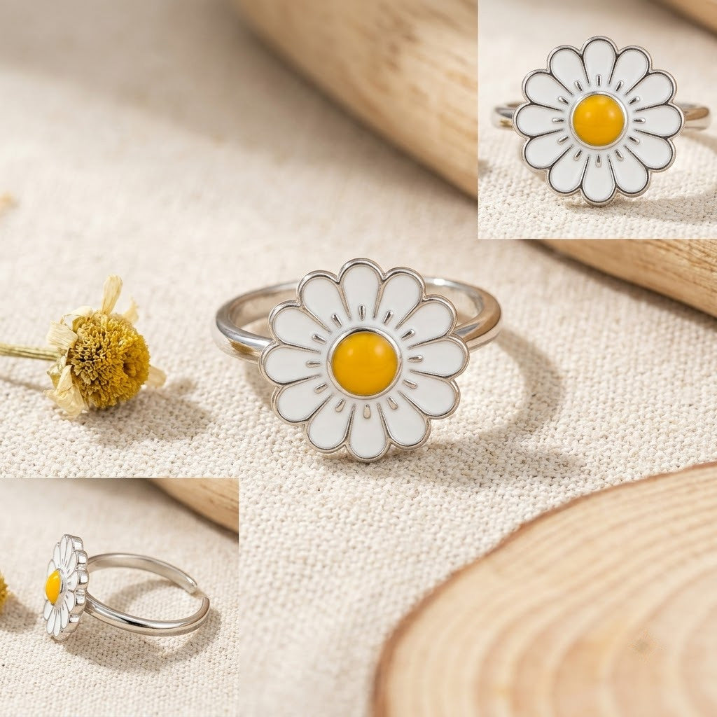 Silver Daisy Blossom White Enamel Floral Adjustable Ring - View 3