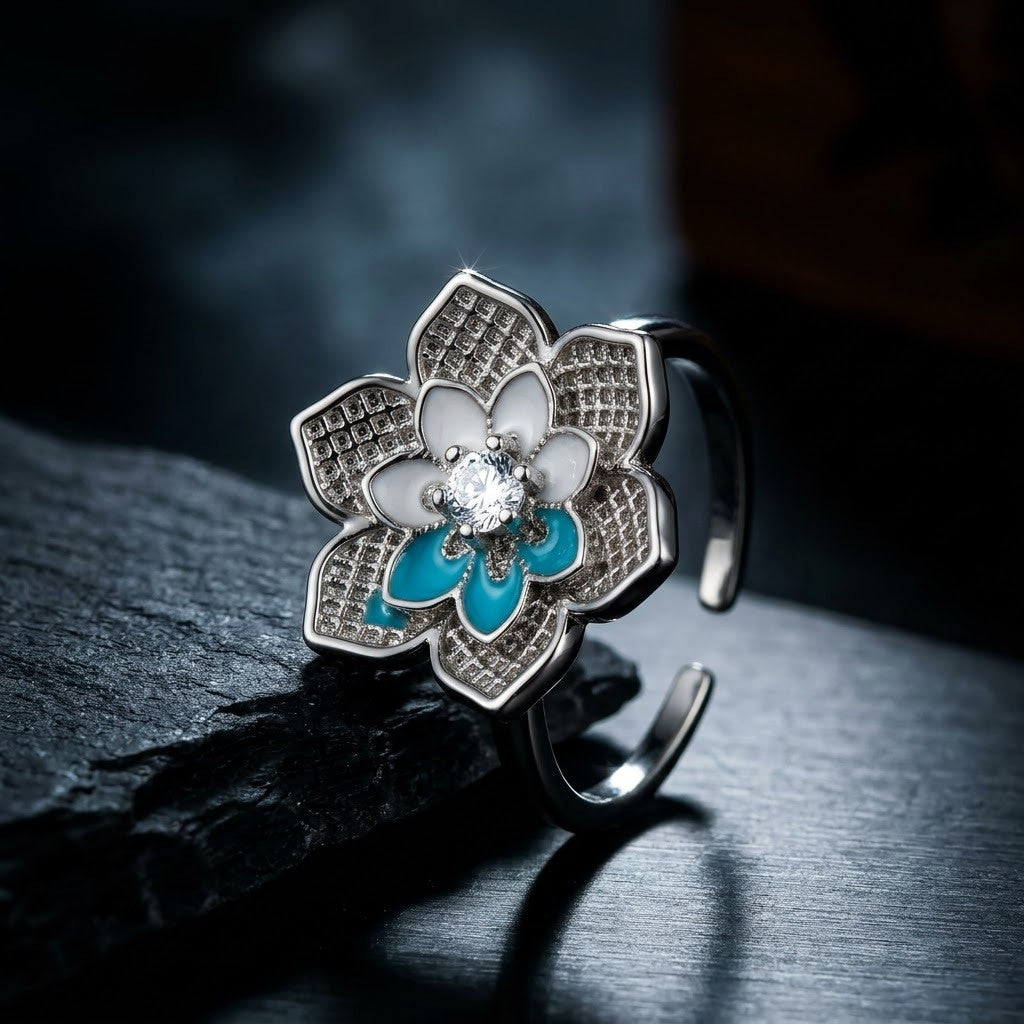Silver Turquoise & Mother of Pearl Blossom Statement Adjustable Ring - View 6