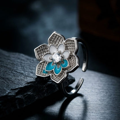 Silver Turquoise & Mother of Pearl Blossom Statement Adjustable Ring - View 6