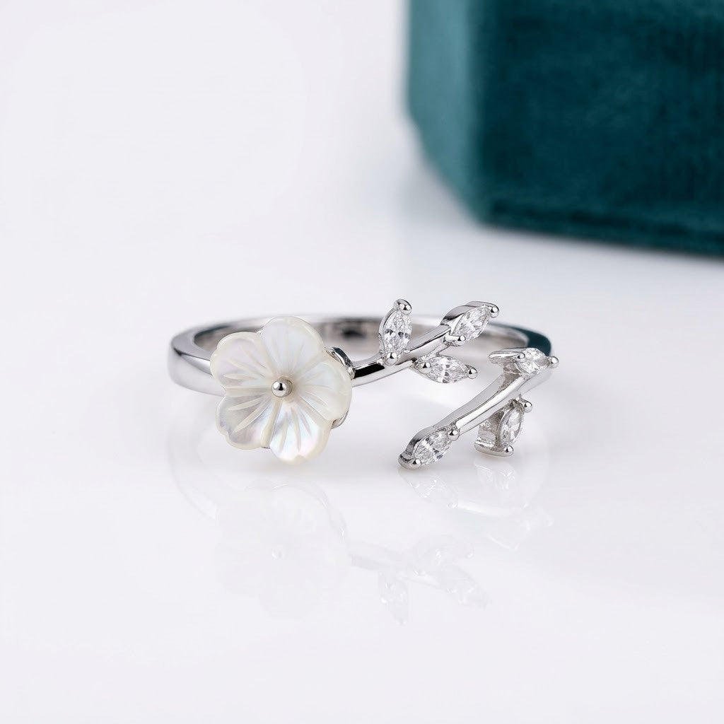Silver Magnolia MOP Blossom Dainty Bypass Adjustable Ring - View 7