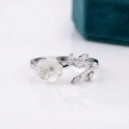 Silver Magnolia MOP Blossom Dainty Bypass Adjustable Ring - View 7
