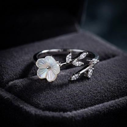 Silver Magnolia MOP Blossom Dainty Bypass Adjustable Ring - View 6