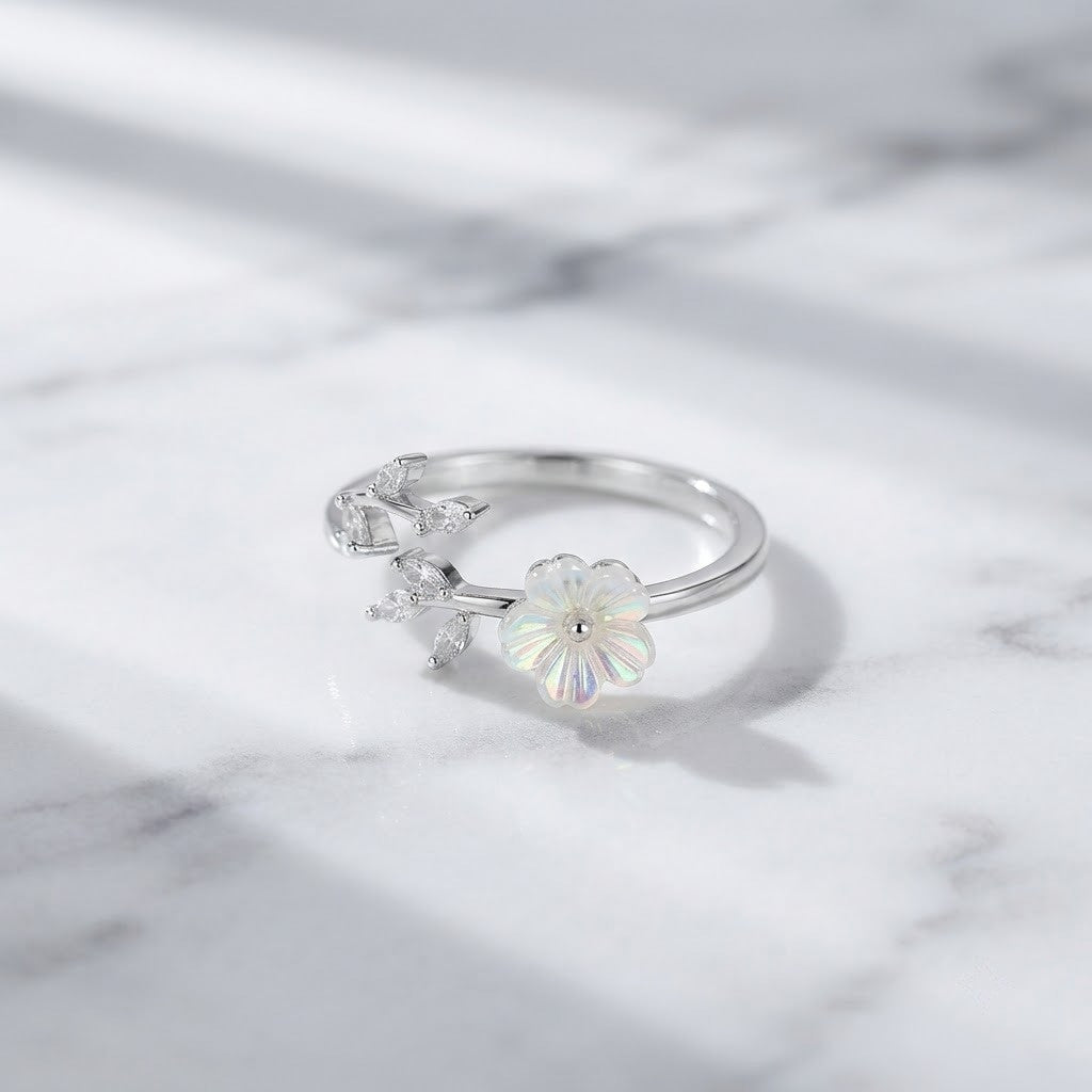 Silver Sakura Blossom Dainty Vine Branch Adjustable Ring - View 1