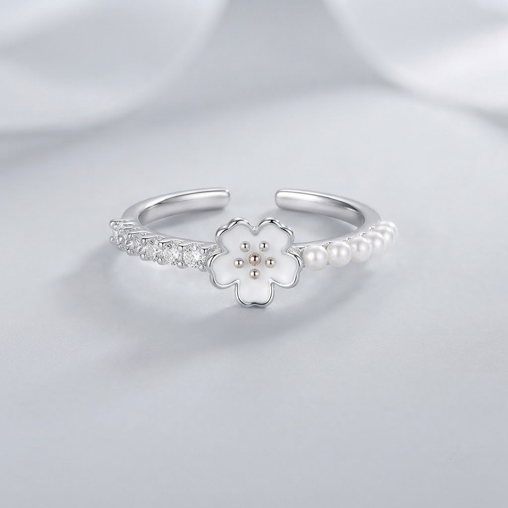 Silver Starburst Solitaire & Pearl Beaded Crown Adjustable Ring - View 7
