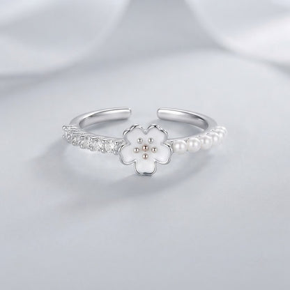 Silver Starburst Solitaire & Pearl Beaded Crown Adjustable Ring - View 7