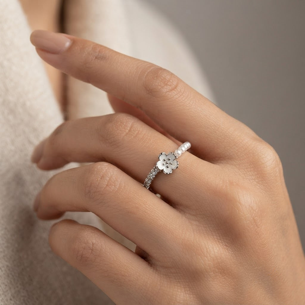 Silver Starburst Solitaire & Pearl Beaded Crown Adjustable Ring - View 5