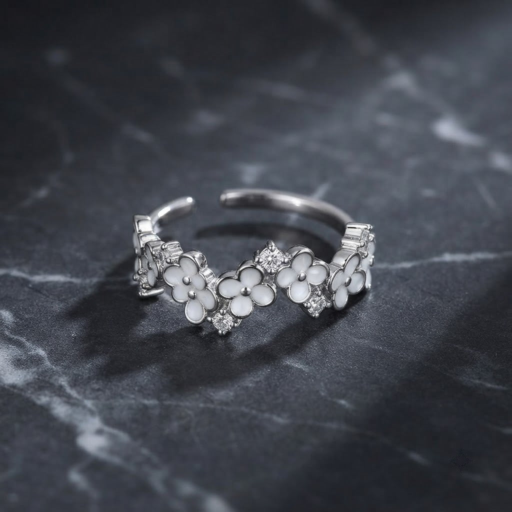 Silver English Daisy Pavé Solitaire Bypass Adjustable Ring - View 1