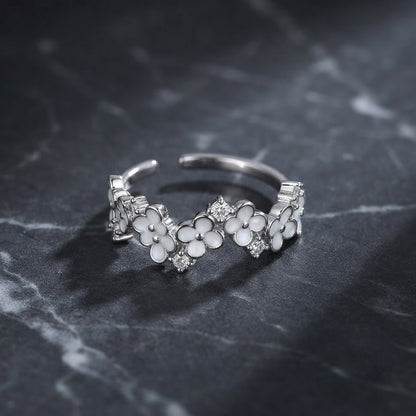 Silver English Daisy Pavé Solitaire Bypass Adjustable Ring - View 1
