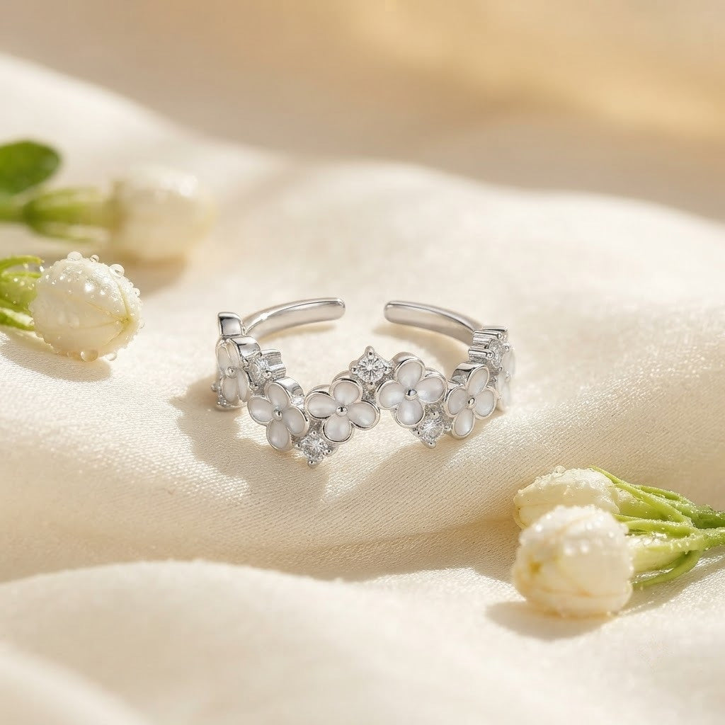 Silver English Daisy Pavé Solitaire Bypass Adjustable Ring - View 3