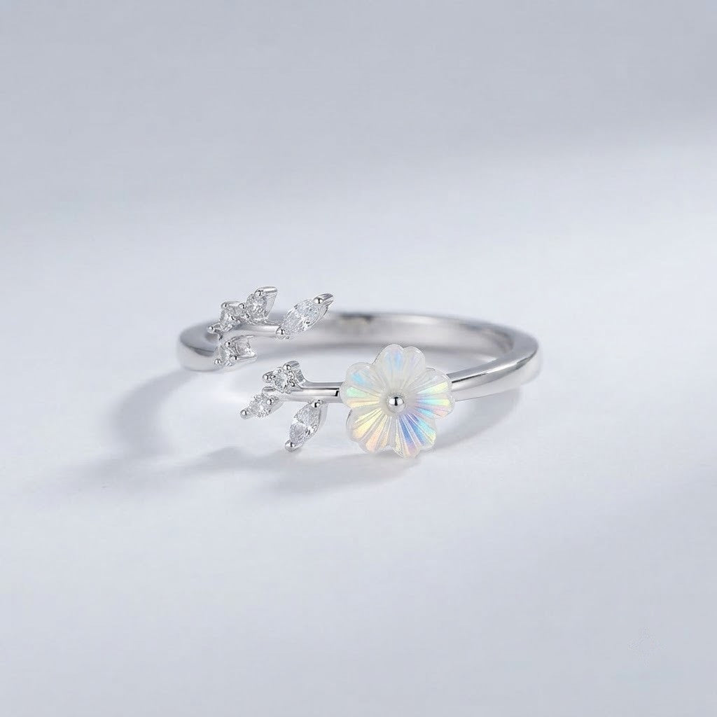 Silver Sakura Blossom Dainty Vine Branch Adjustable Ring - View 4