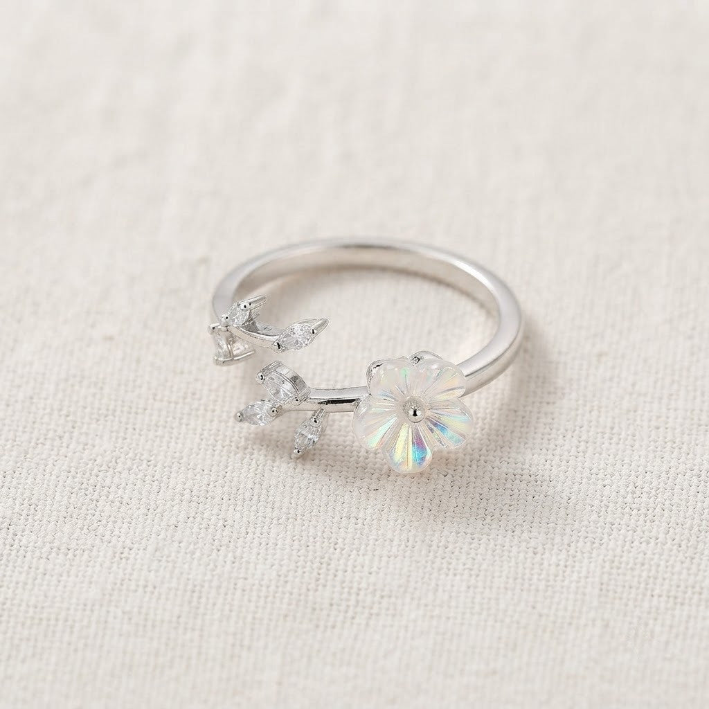 Silver Sakura Blossom Dainty Vine Branch Adjustable Ring - View 5