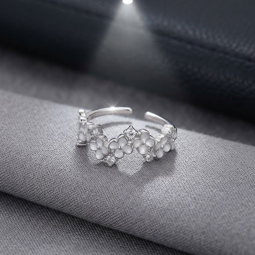 Silver English Daisy Pavé Solitaire Bypass Adjustable Ring - View 2