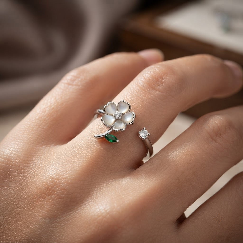 Silver Carved MOP Flower & Emerald Leaf Bypass Adjustable Ring - View 5