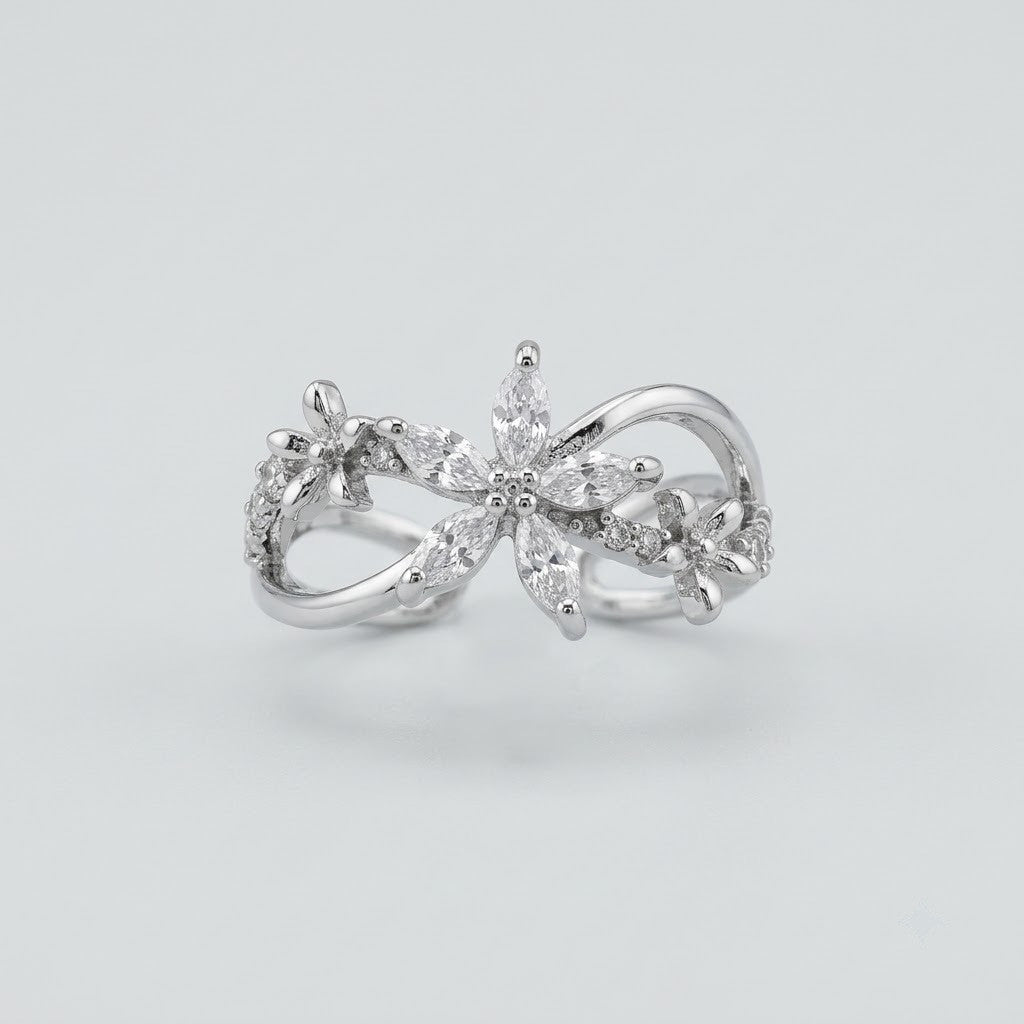 Silver Woodland Foliage Detailed Leaf Branch Adjustable Ring - View 7