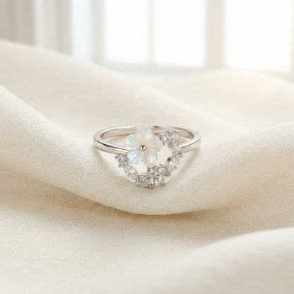 Silver Floral Halo Pavé Diamond Blossom Adjustable Ring - View 3