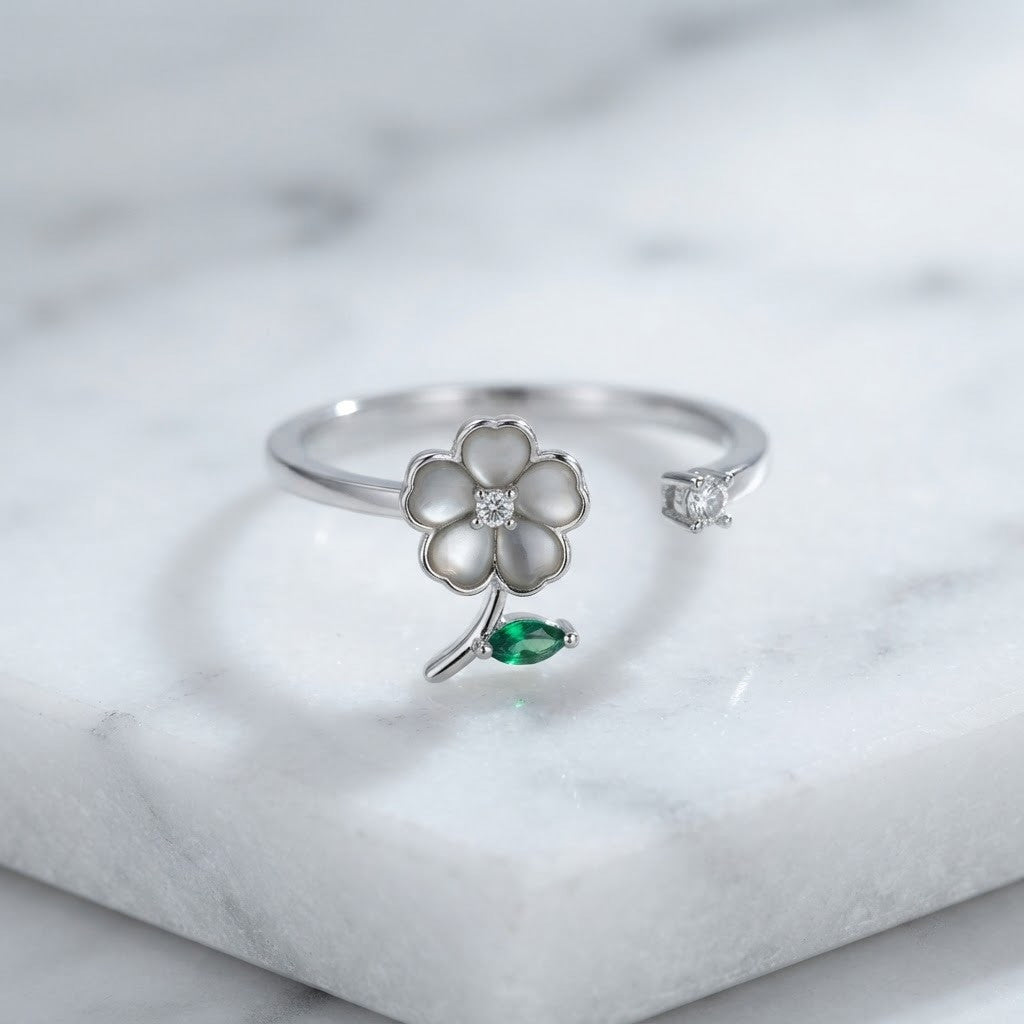 Silver Carved MOP Flower & Emerald Leaf Bypass Adjustable Ring - View 1