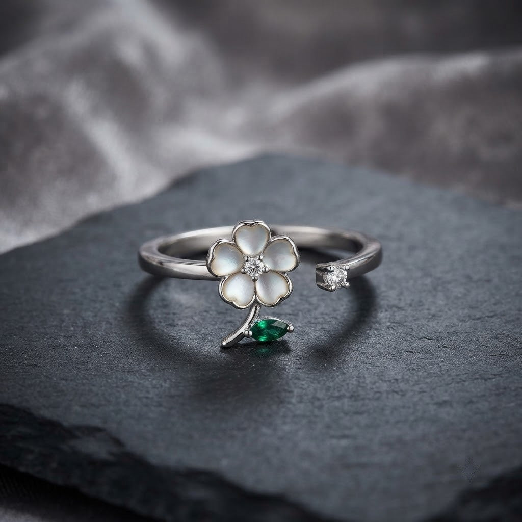 Silver Carved MOP Flower & Emerald Leaf Bypass Adjustable Ring - View 2