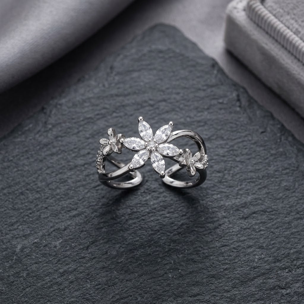Silver Woodland Foliage Detailed Leaf Branch Adjustable Ring - View 8