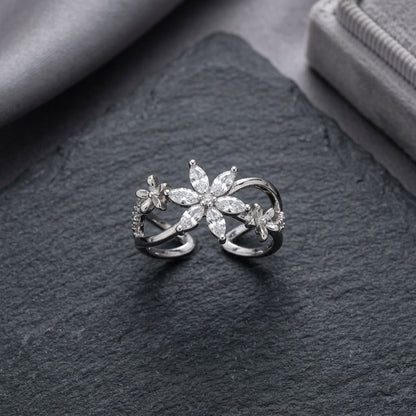 Silver Woodland Foliage Detailed Leaf Branch Adjustable Ring - View 8