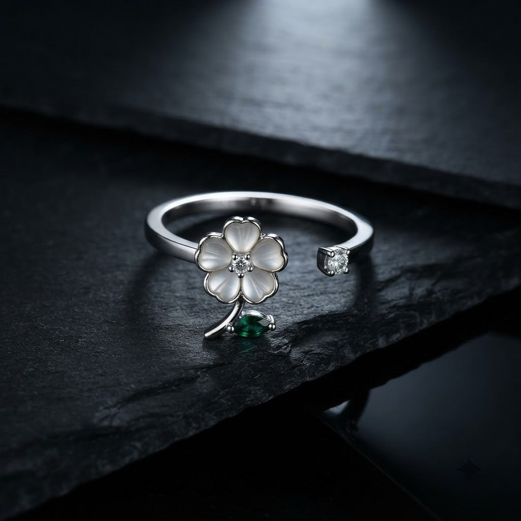 Silver Carved MOP Flower & Emerald Leaf Bypass Adjustable Ring - View 6