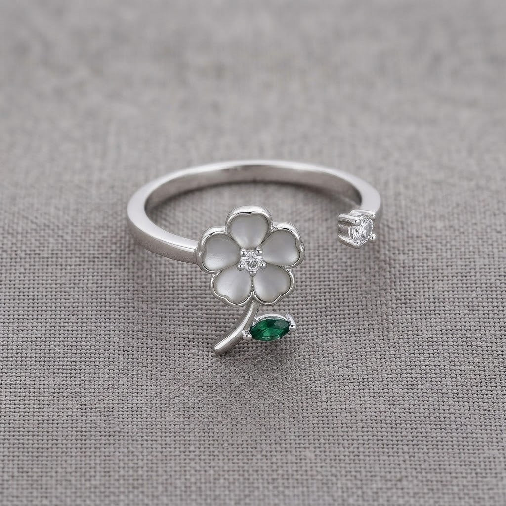Silver Carved MOP Flower & Emerald Leaf Bypass Adjustable Ring - View 8