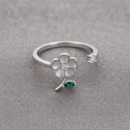 Silver Carved MOP Flower & Emerald Leaf Bypass Adjustable Ring - View 8