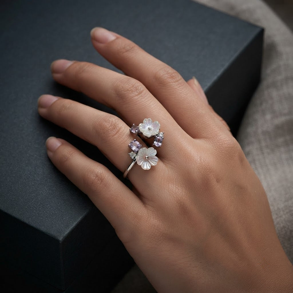 Silver Double Sakura Flower Carved MOP Bypass Adjustable Ring - View 2