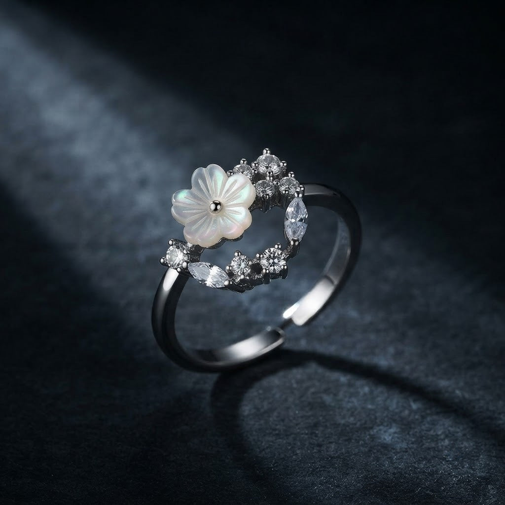 Silver Floral Halo Pavé Diamond Blossom Adjustable Ring - View 6